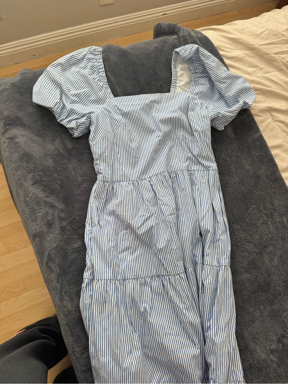 J CREW Blue and White Striped Puff-Sleeve Midi Dress